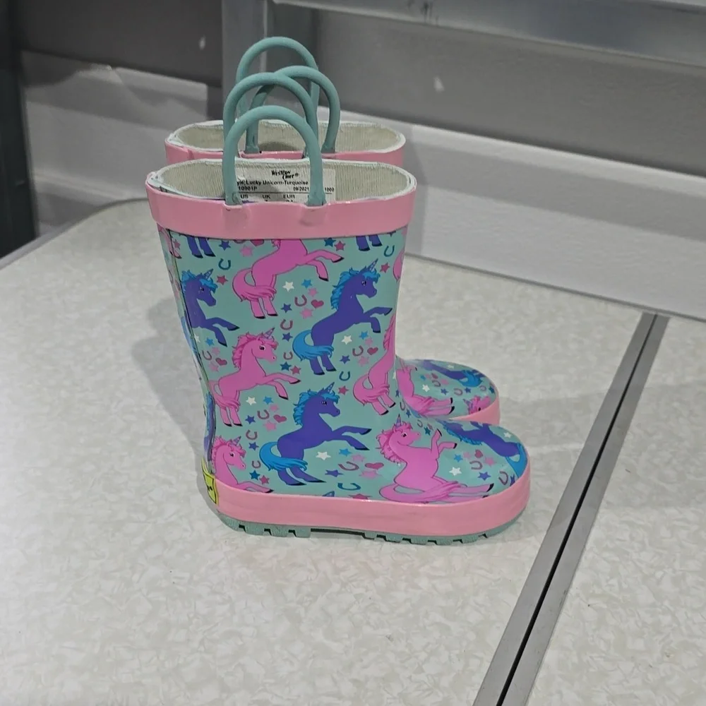 Girl’s Western‎ Chief Lucky Unicorn turquoise Rain Boots Size 7/8